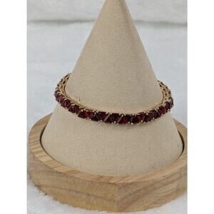 7" 10kt Gold Vermeil Tennis Bracelet Triangle Trilliant Cut Red CZ 925 Sterling